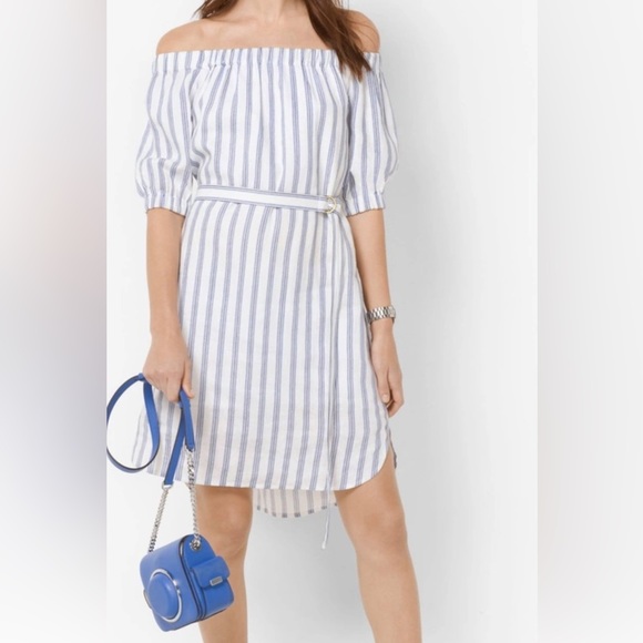 Dresses & Skirts - Michael Kors, off the shoulder pinstripe dress with belt. Size small. (0187)